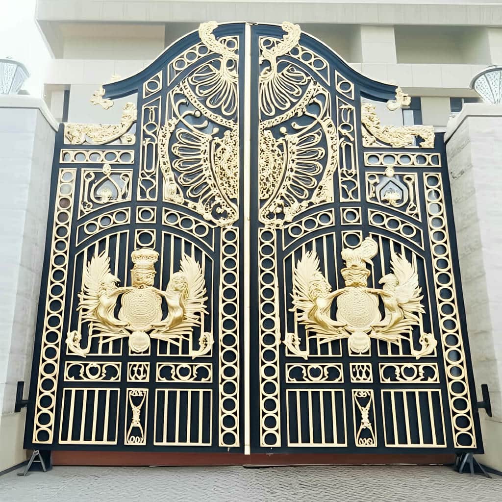 درب حیاط سفید طلایی با طرح فرفورژه و جلوه لوکس
